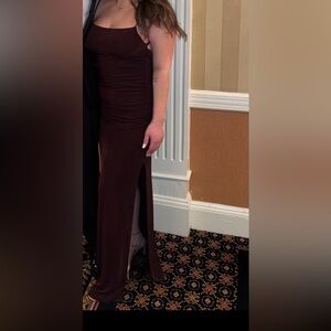 Lulu’s - “Complete Catch Brown Backless Lace Ruched Maxi Dress”